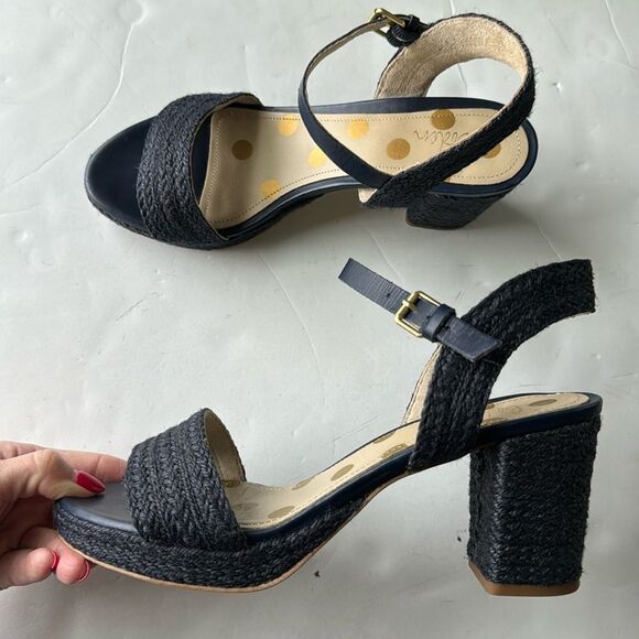 Boden Womens Sz 39 / US 8 Constance Block Heels Navy Raffia Cottagecore‎ Summer - Picture 5 of 13